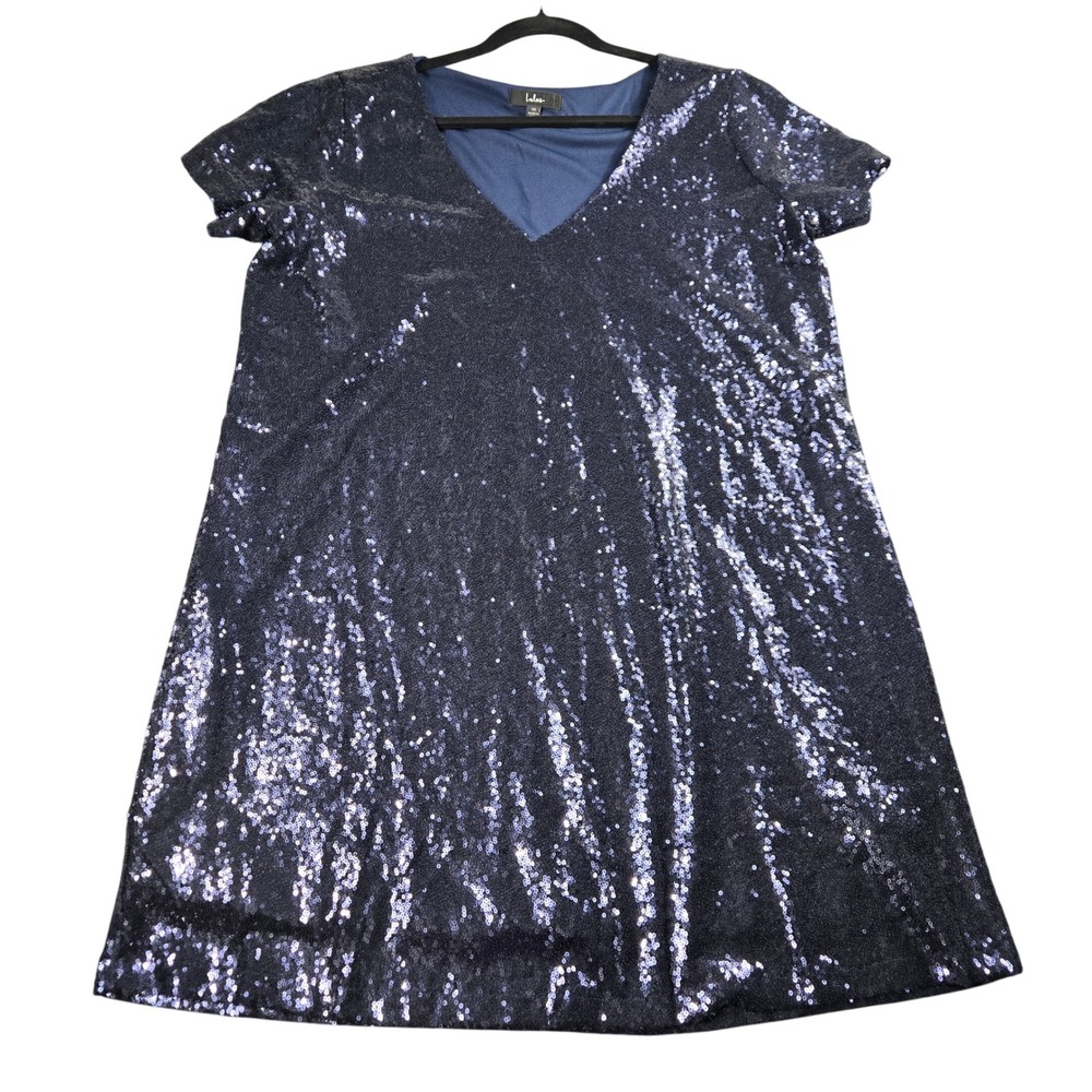 Lulus Navy Blue Sequin V-Neck Mini Dress Plus Size 1X Short Sleeve Cocktail